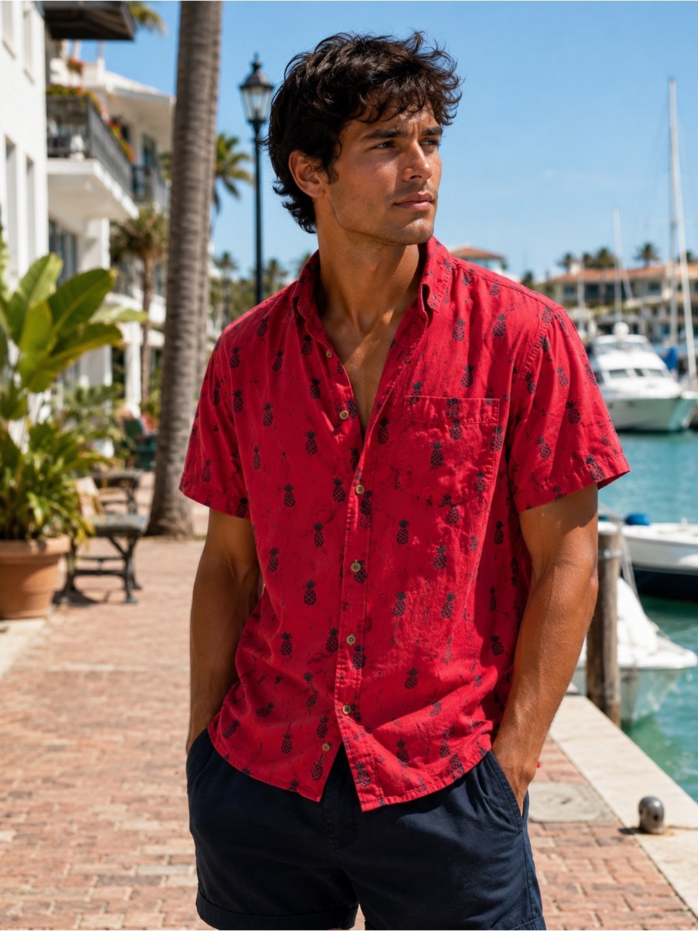 Plugg Men’s Red Pineapple Hawaiian Aloha Shirt Short Sleeve Button Up L